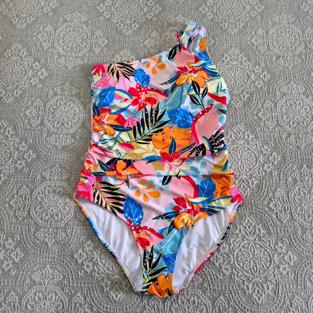 Holipick One Shoulder Ruched One Piece Swimsuit Tropical Floral Pink Blue XXL